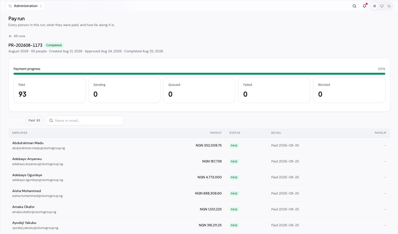 Payroll run — review & approve screen